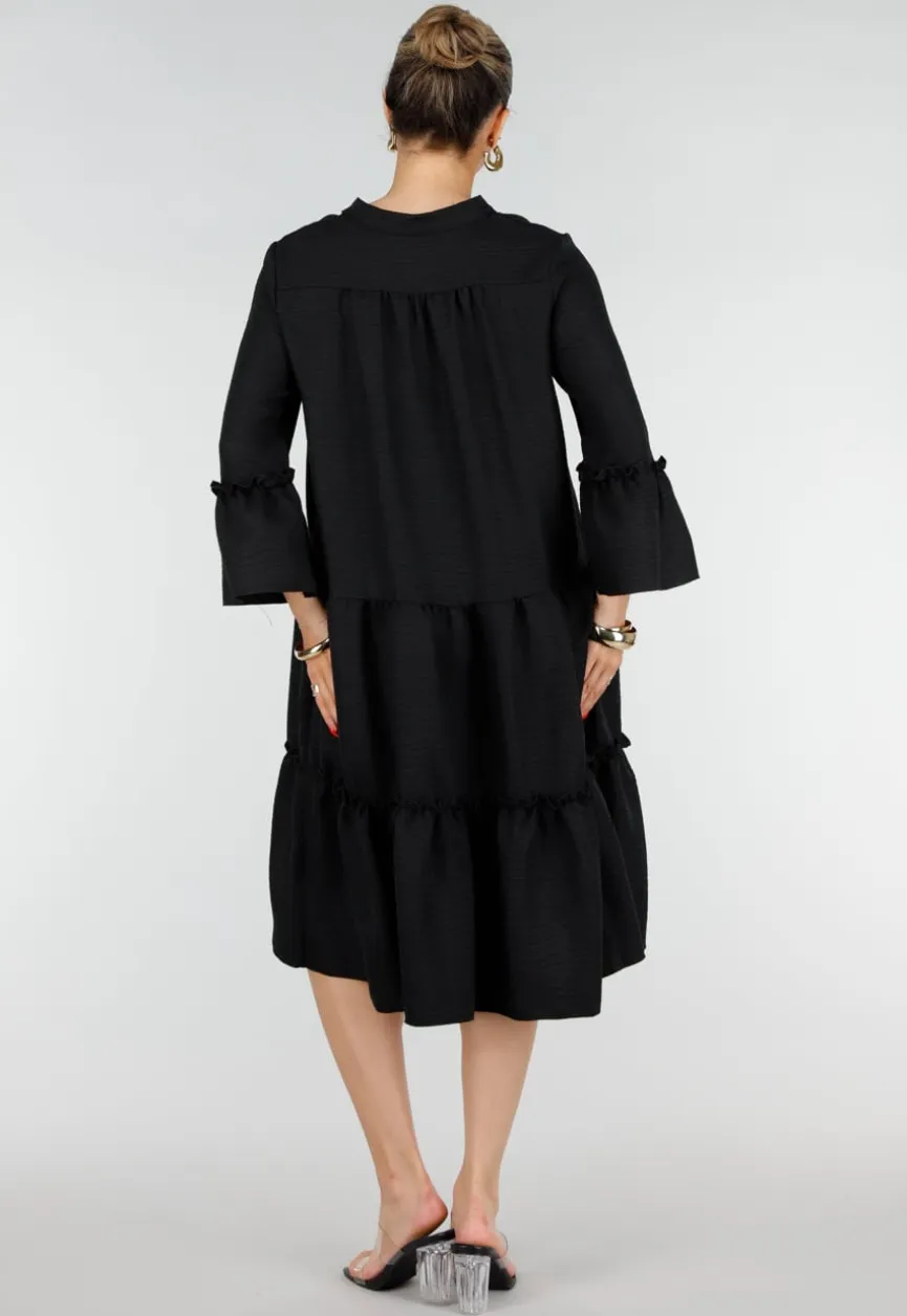 Zwarte Midi Jurk met V-Hals en Ruffle Details