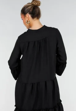 Zwarte Midi Jurk met V-Hals en Ruffle Details