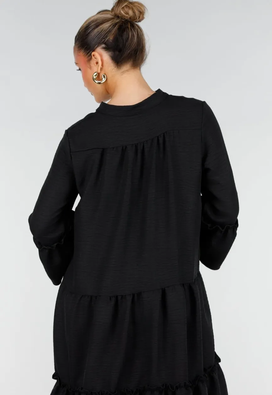 Zwarte Midi Jurk met V-Hals en Ruffle Details