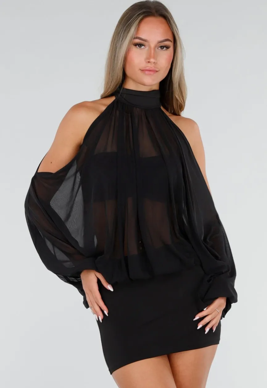Zwarte Mini Jurk met Open Schouders En Chiffon Mouwen