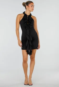 Zwarte Mini Jurk met Ruches, Knoopjes aan de Hals en Stretch