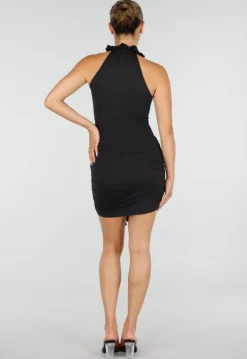 Zwarte Mini Jurk met Ruches, Knoopjes aan de Hals en Stretch
