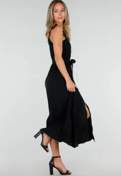 Zwarte Mousseline Maxi Jurk met Kantdetail en Tailleband