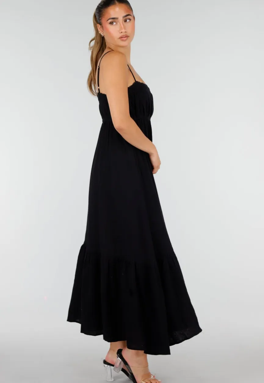Zwarte Mousseline Maxi Jurk met Spaghettibandjes en Smokdetail