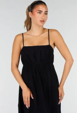 Zwarte Mousseline Maxi Jurk met Spaghettibandjes en Smokdetail