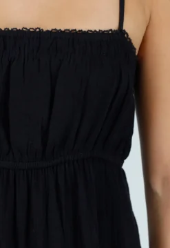 Zwarte Mousseline Maxi Jurk met Spaghettibandjes en Smokdetail