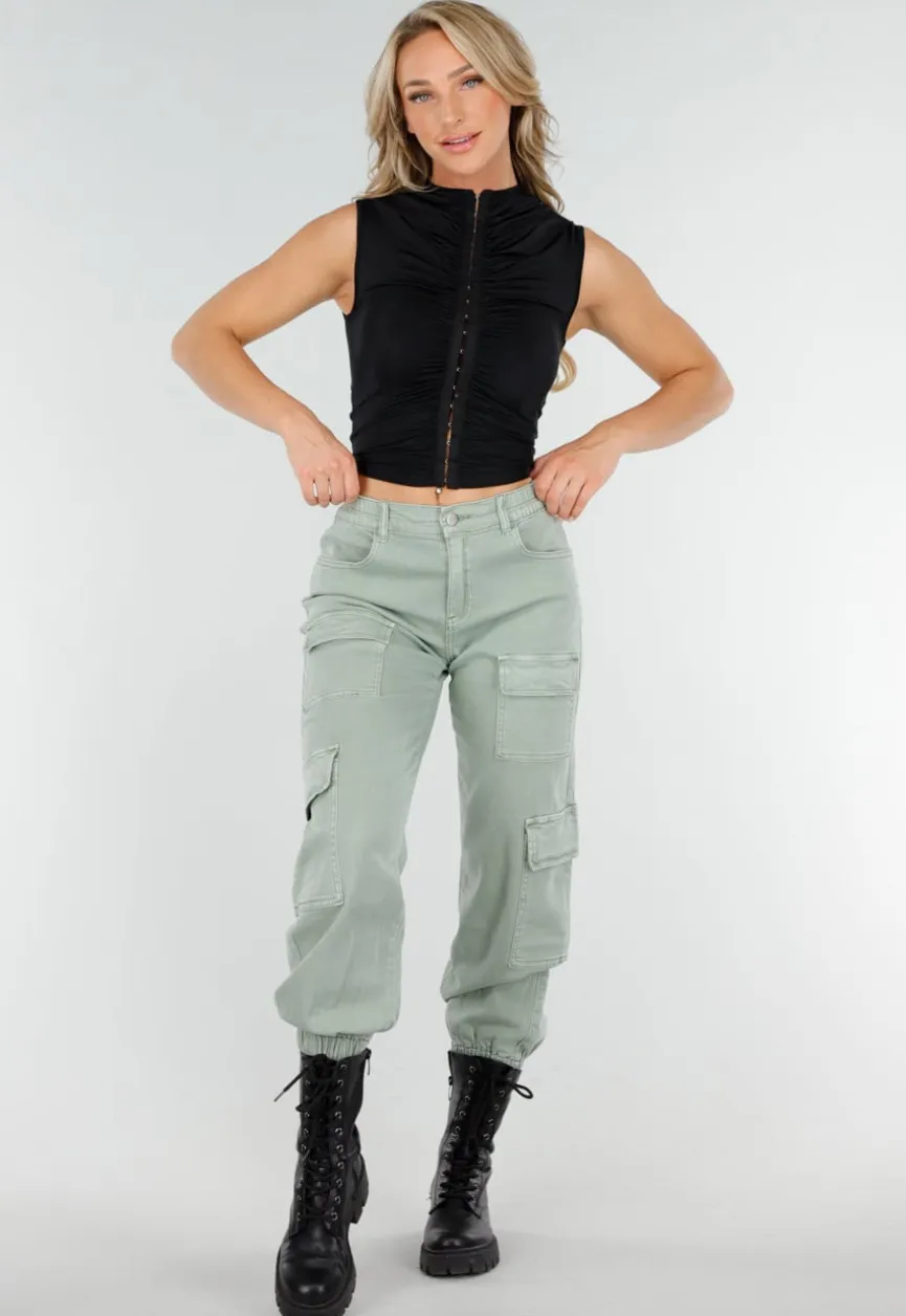 Zwarte Mouwloze Crop Top met Haaksluiting en Stretch