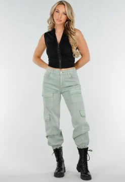 Zwarte Mouwloze Crop Top met Haaksluiting en Stretch