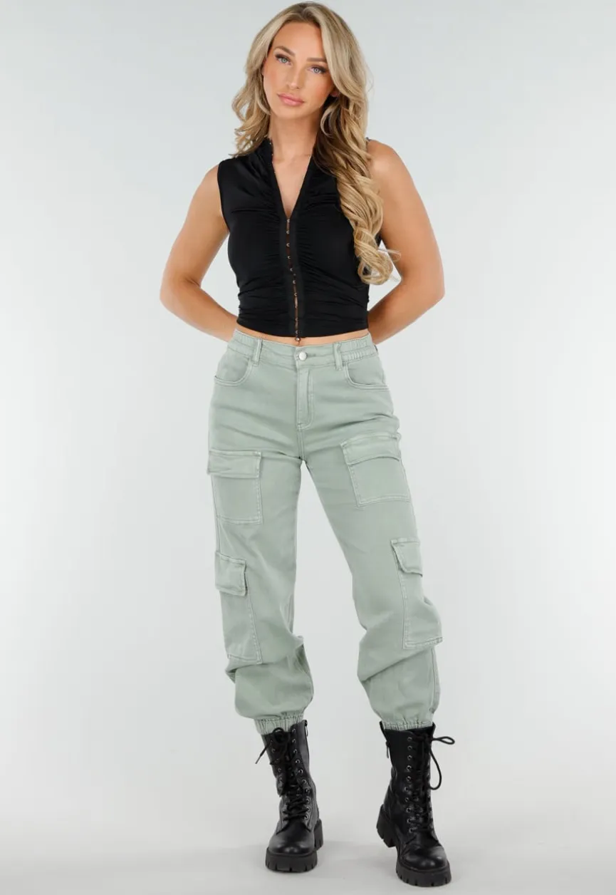 Zwarte Mouwloze Crop Top met Haaksluiting en Stretch