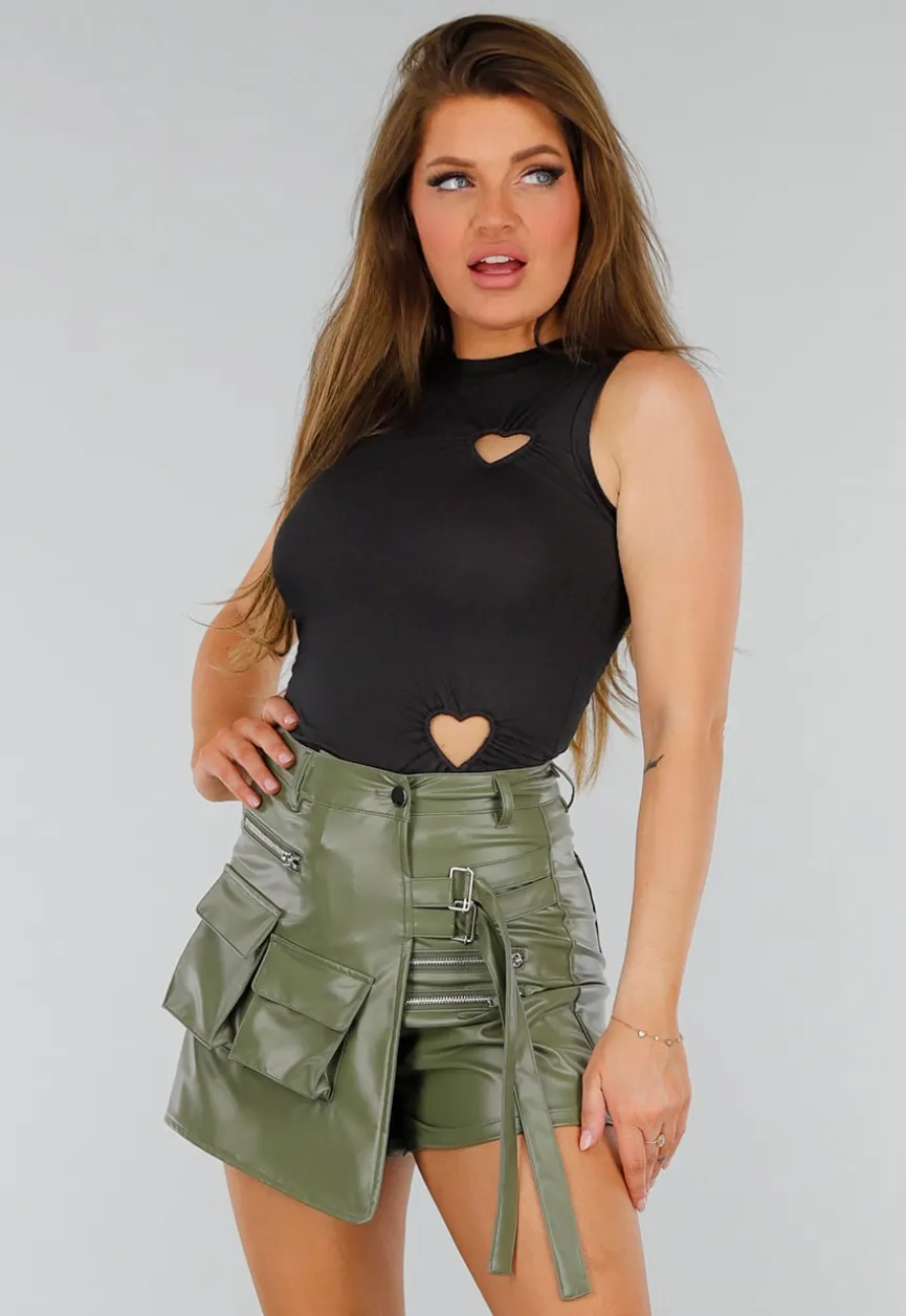 Zwarte Mouwloze Stretch Top met Hartvormige Cut Outs