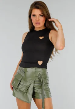 Zwarte Mouwloze Stretch Top met Hartvormige Cut Outs