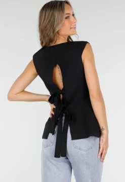 Zwarte Mouwloze Top met Goudkleurige Knopen en Strik