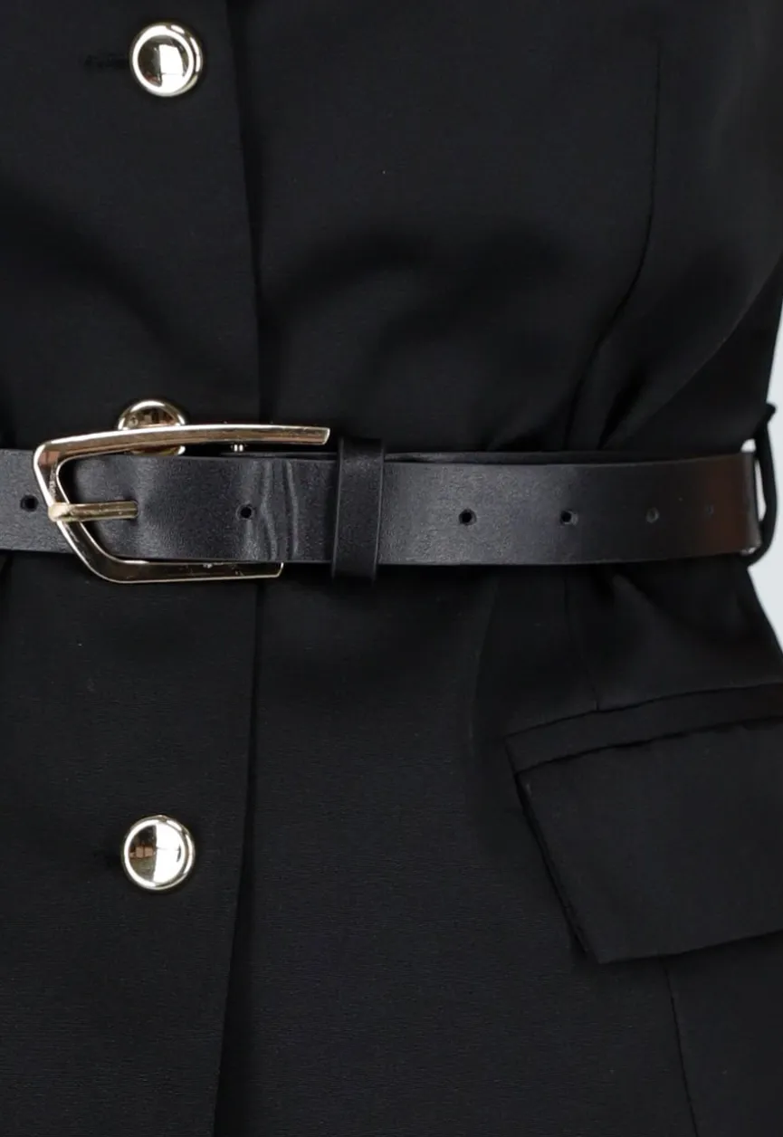 Zwarte Mouwloze Top met Knopen en Ceintuur