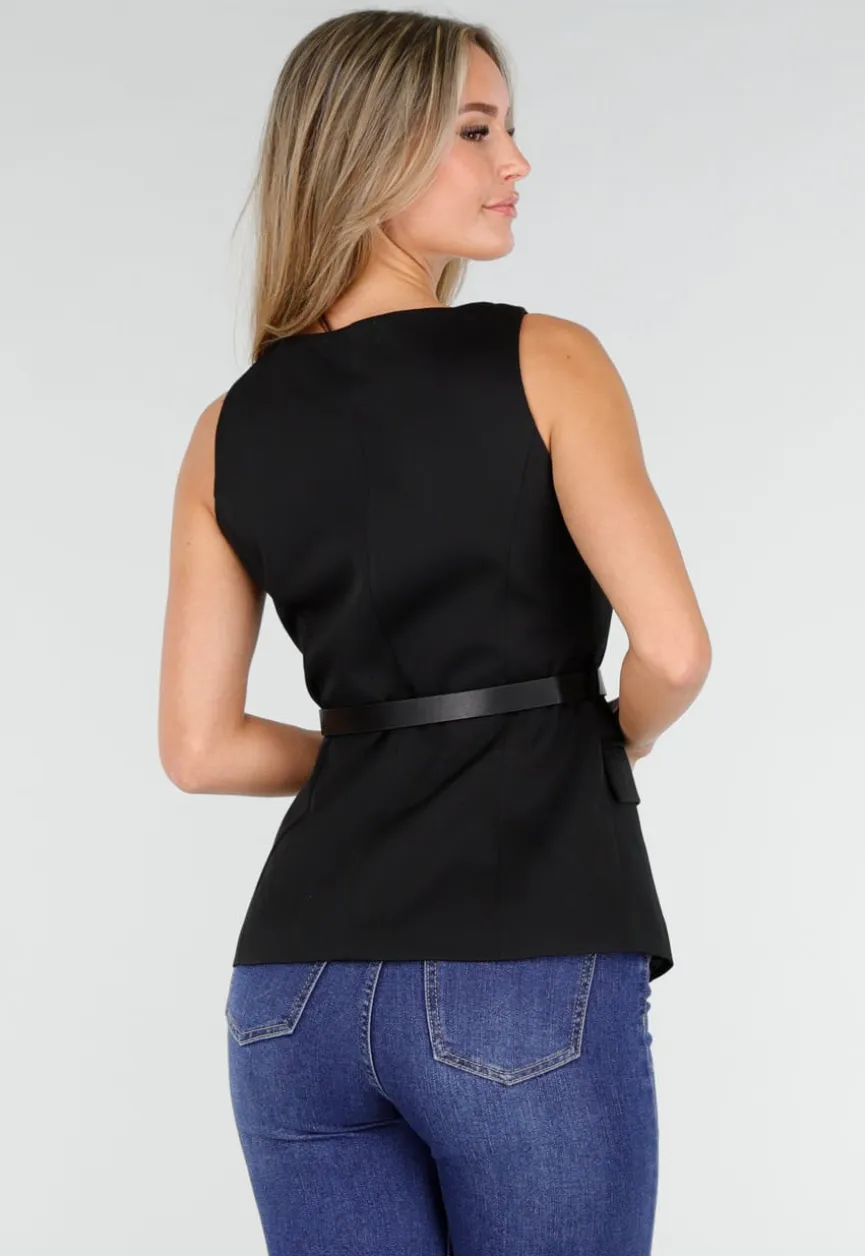Zwarte Mouwloze Top met Knopen en Ceintuur