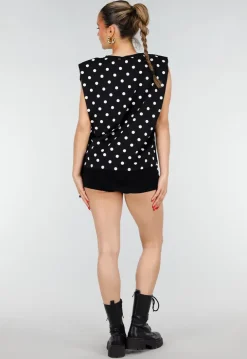 Zwarte Mouwloze Top met Witte Stippen en Schoudervulling