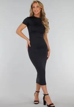 Zwarte Nauwsluitende Stretch Midi Jurk met Korte Mouwen