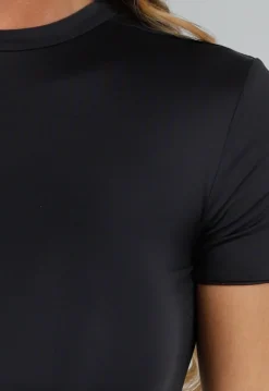 Zwarte Nauwsluitende Stretch Midi Jurk met Korte Mouwen