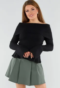 Zwarte Off Shoulder Gebreide Trui met Uitlopende Mouwen