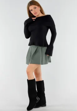 Zwarte Off Shoulder Gebreide Trui met Uitlopende Mouwen