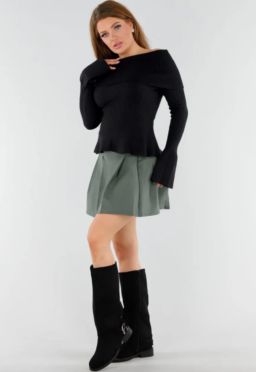 Zwarte Off Shoulder Gebreide Trui met Uitlopende Mouwen