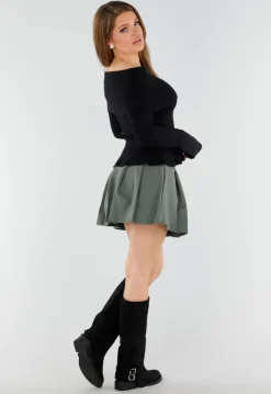 Zwarte Off Shoulder Gebreide Trui met Uitlopende Mouwen