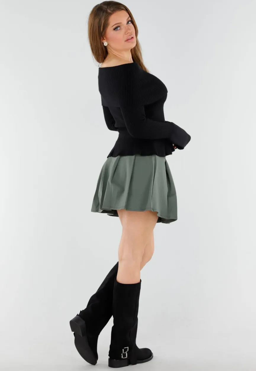 Zwarte Off Shoulder Gebreide Trui met Uitlopende Mouwen