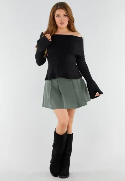 Zwarte Off Shoulder Gebreide Trui met Uitlopende Mouwen