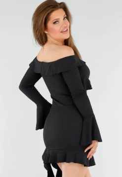 Zwarte Off-Shoulder Jurk Met Volants en Lange Mouwen