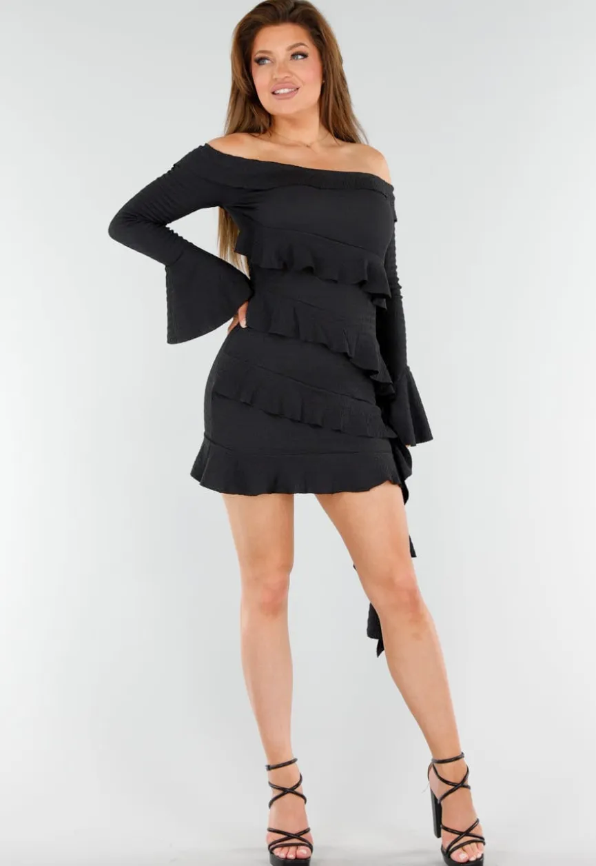 Zwarte Off-Shoulder Jurk Met Volants en Lange Mouwen