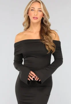 Zwarte Off Shoulder Jurk met Wijduitlopende Mouwen
