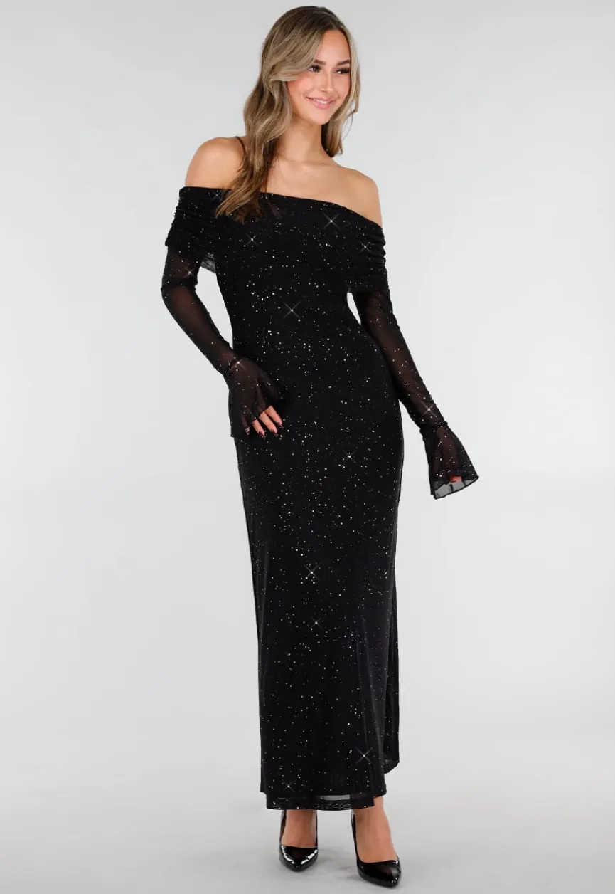 Zwarte Off Shoulder Maxi Glitter Jurk met Lange Mouwen