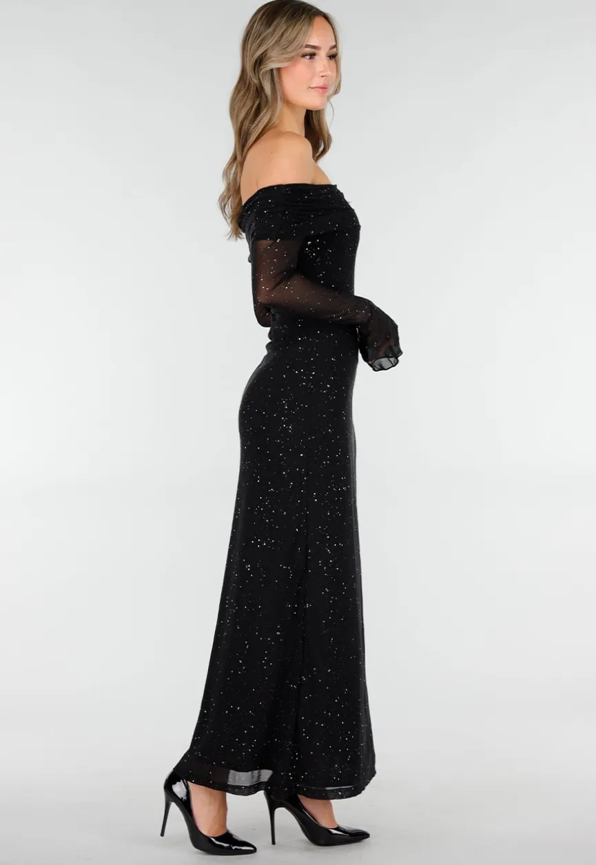Zwarte Off Shoulder Maxi Glitter Jurk met Lange Mouwen