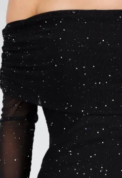 Zwarte Off Shoulder Maxi Glitter Jurk met Lange Mouwen