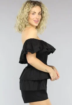 Zwarte Off Shoulder Ruffle Playsuit