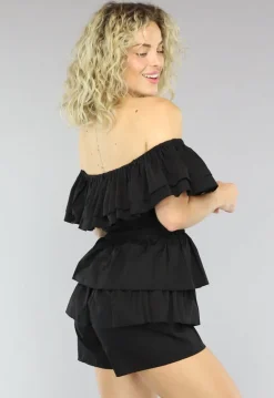 Zwarte Off Shoulder Ruffle Playsuit