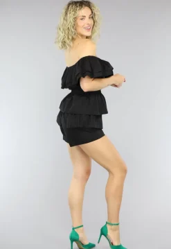 Zwarte Off Shoulder Ruffle Playsuit