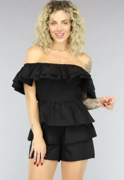 Zwarte Off Shoulder Ruffle Playsuit