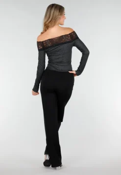 Zwarte Off Shoulder Stretch Top met Kant en Stippenprint