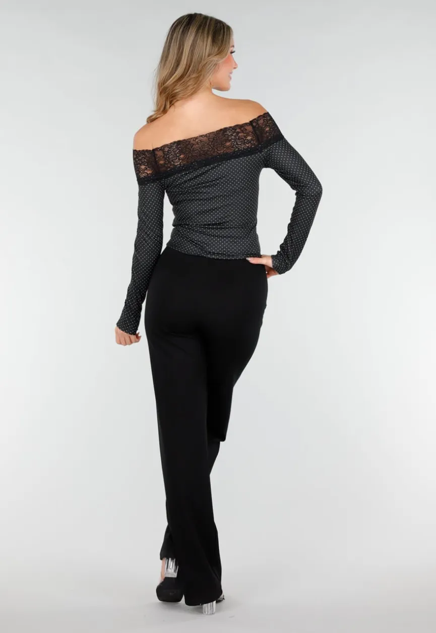 Zwarte Off Shoulder Stretch Top met Kant en Stippenprint