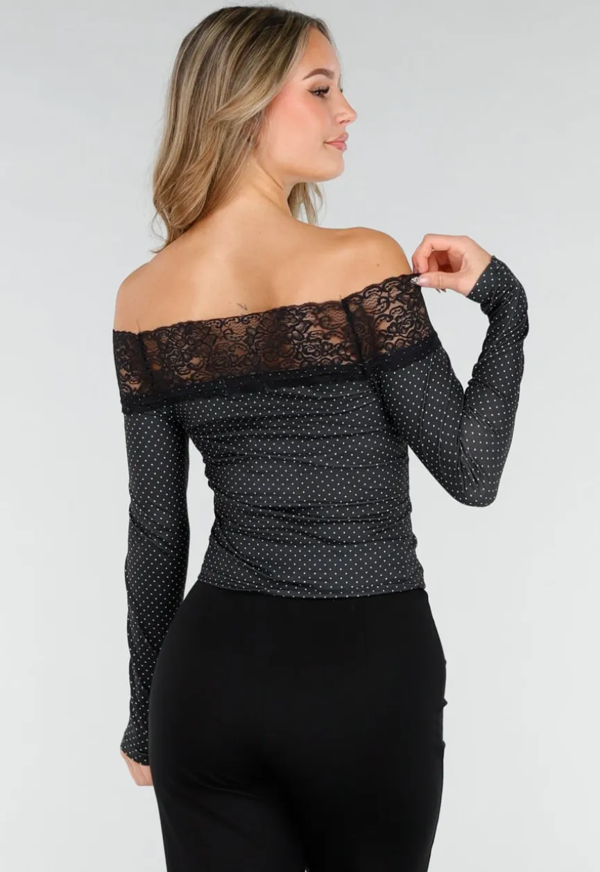 Zwarte Off Shoulder Stretch Top met Kant en Stippenprint