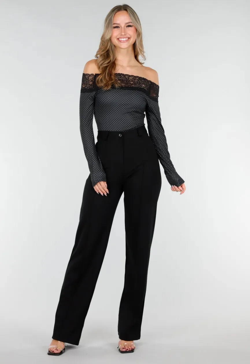 Zwarte Off Shoulder Stretch Top met Kant en Stippenprint