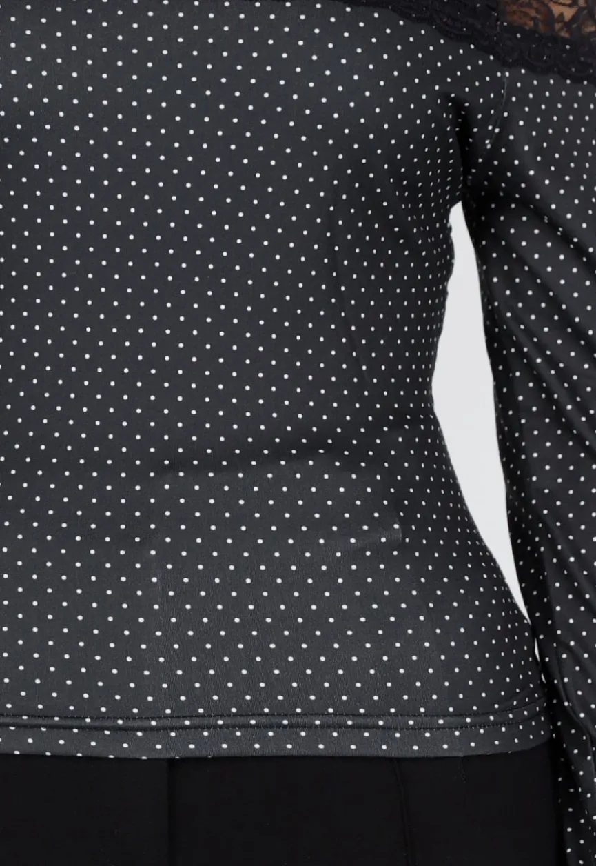 Zwarte Off Shoulder Stretch Top met Kant en Stippenprint