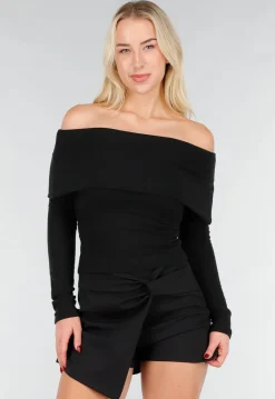 Zwarte Off Shoulder Top met Lange Mouw