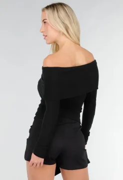 Zwarte Off Shoulder Top met Lange Mouw