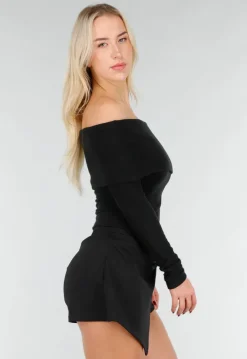 Zwarte Off Shoulder Top met Lange Mouw