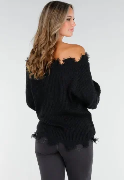 Zwarte Off-Shoulder Trui met Franje Detail
