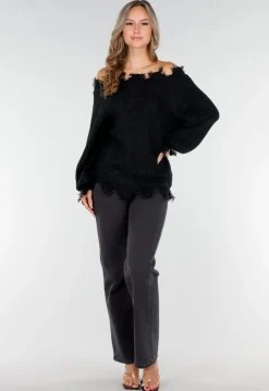 Zwarte Off-Shoulder Trui met Franje Detail