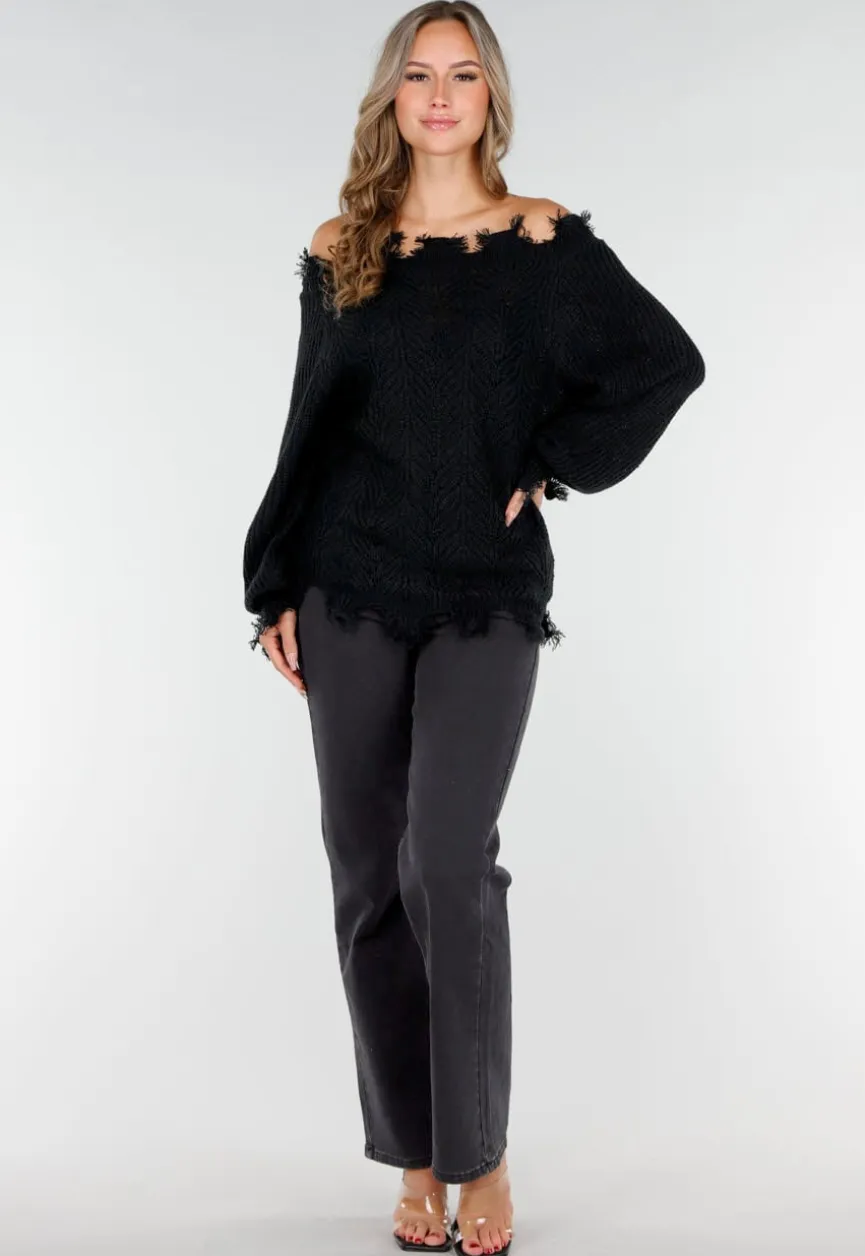 Zwarte Off-Shoulder Trui met Franje Detail