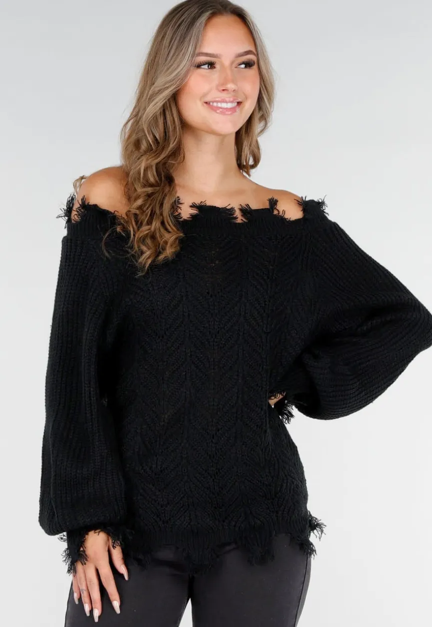 Zwarte Off-Shoulder Trui met Franje Detail