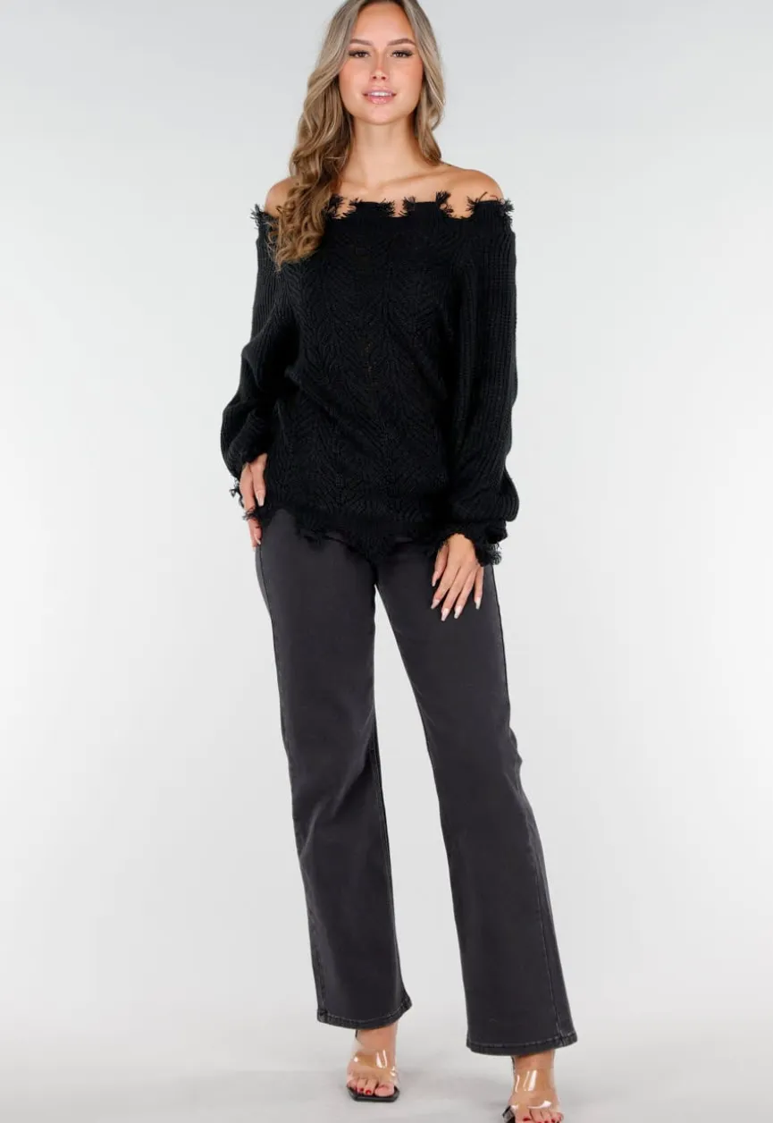 Zwarte Off-Shoulder Trui met Franje Detail